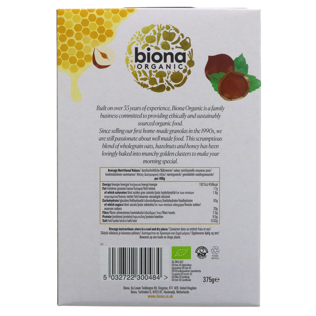 Organic Honey Hazel Granola by Biona, perfect for a wholesome breakfast or snack. Made with chunky oats and hazelnuts for slow energy release.