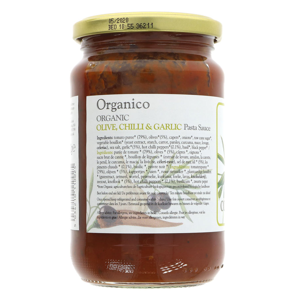 Organico's Olive, Chilli & Garlic sauce is bold, organic and vegan with no added sugar. Perfect for pasta or as a dip.