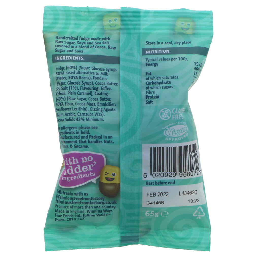Vegan and no added sugar Chocovered Salt Fudgee Bites from Fabulous Free From Factory - 65g.