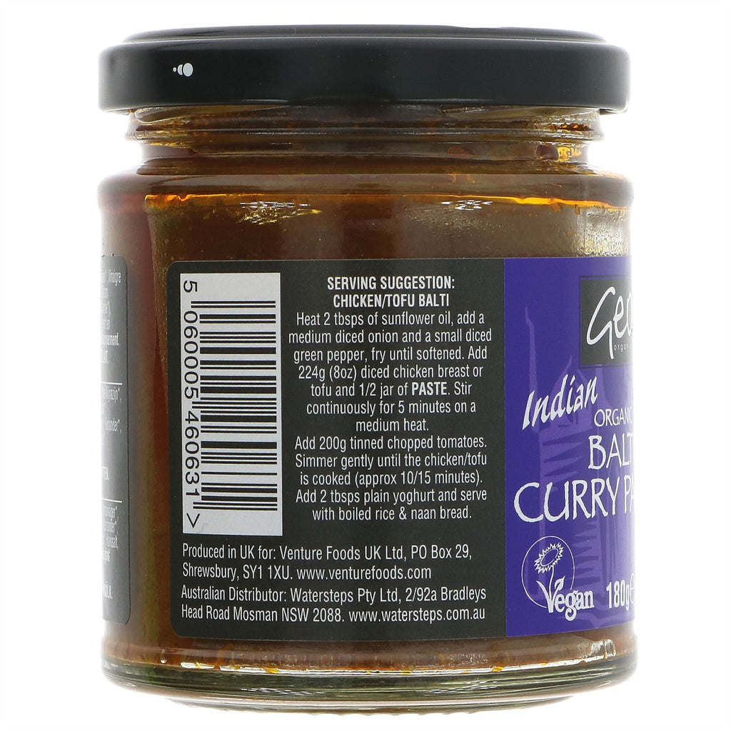 Organic vegan Balti Paste for authentic Indian flavors, perfect for curries and stir-fries. No VAT.