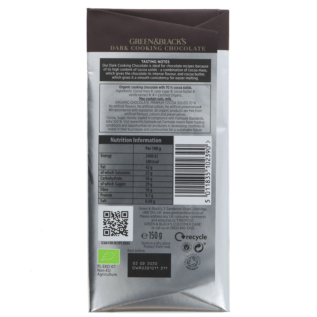 Organic Dark Cooking Chocolate - 70% cocoa, Fairtrade, no added sugar. Perfect for baking. May contain milk and nuts. No VAT.