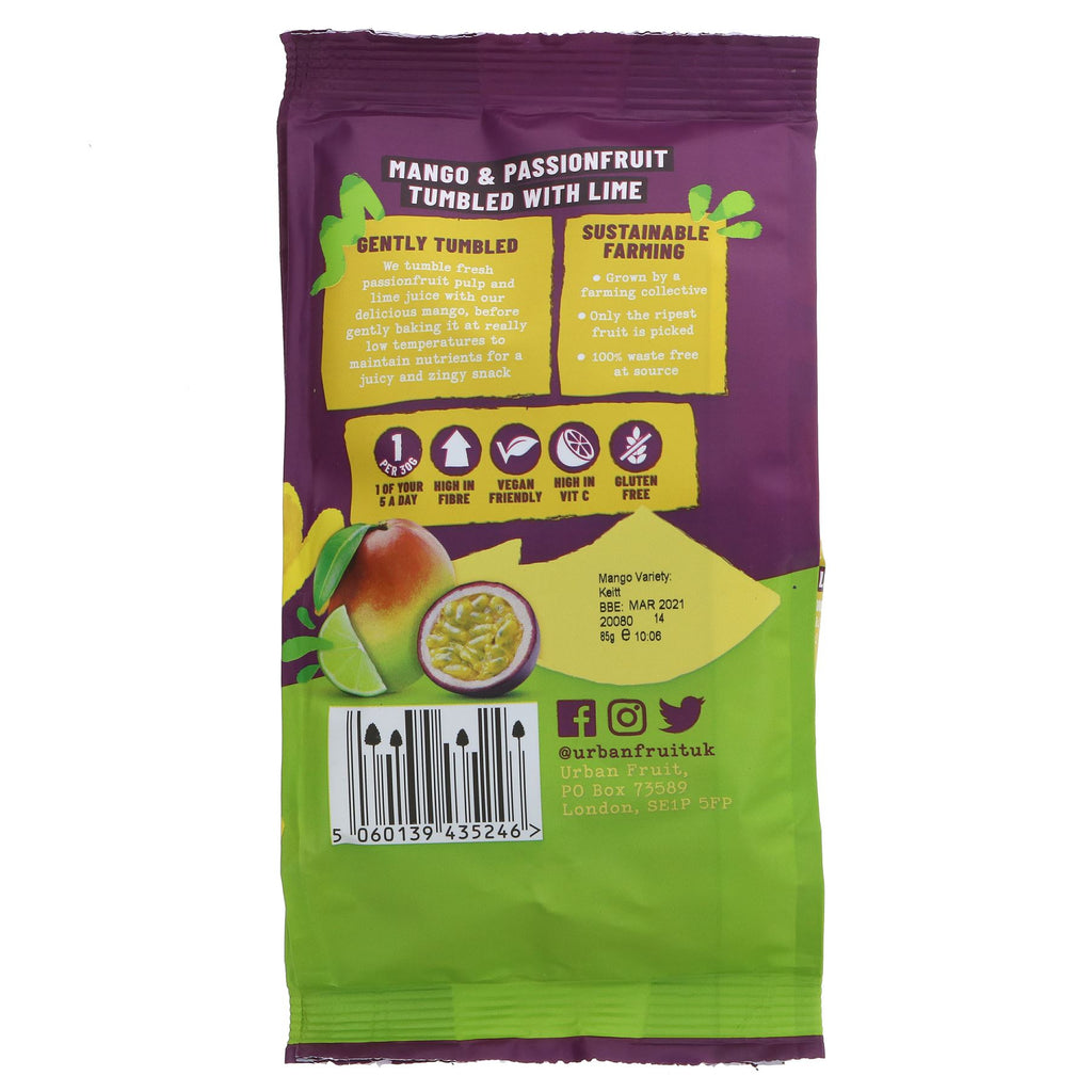 Gluten-free and vegan Urban Fruit tumbled Mango & Passionfruit with Lime - no added sugar or preservatives. 85G.