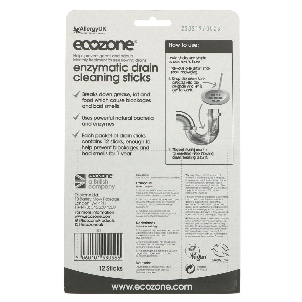 Ecozone Enzymatic Drain Sticks - Vegan & Natural - Say Goodbye to Clogs & Bad Smells for a Whole Year!