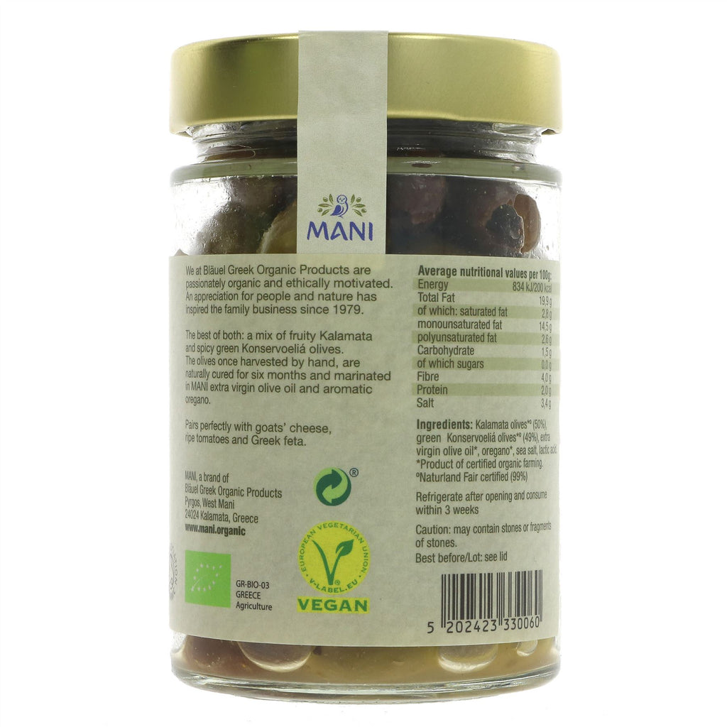 Organic, vegan Og Green & Kalamata Olives by Mani. Elevate your meals with bold flavor. No VAT charged.