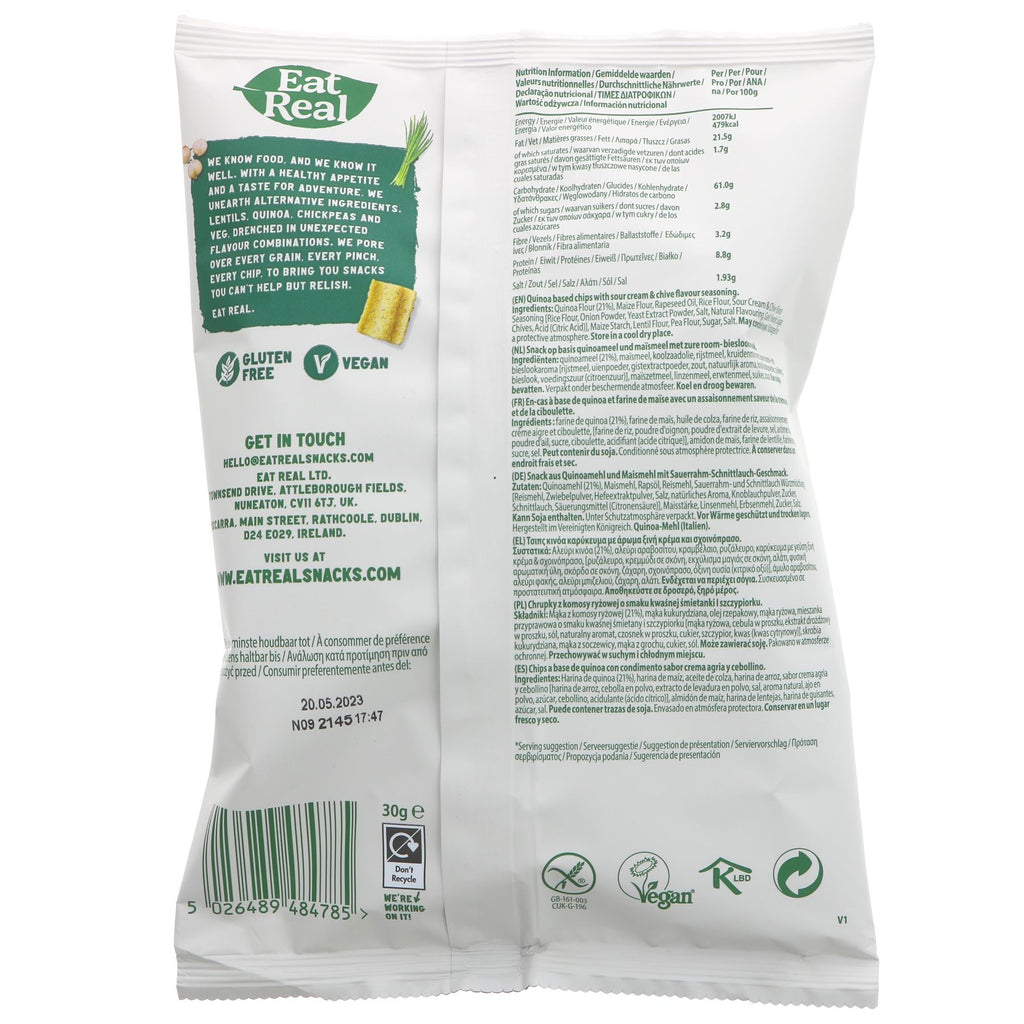 Gluten-free, vegan, and no added sugar - indulge in Eat Real's Quinoa Cream & Chive Chips for guilt-free snacking!