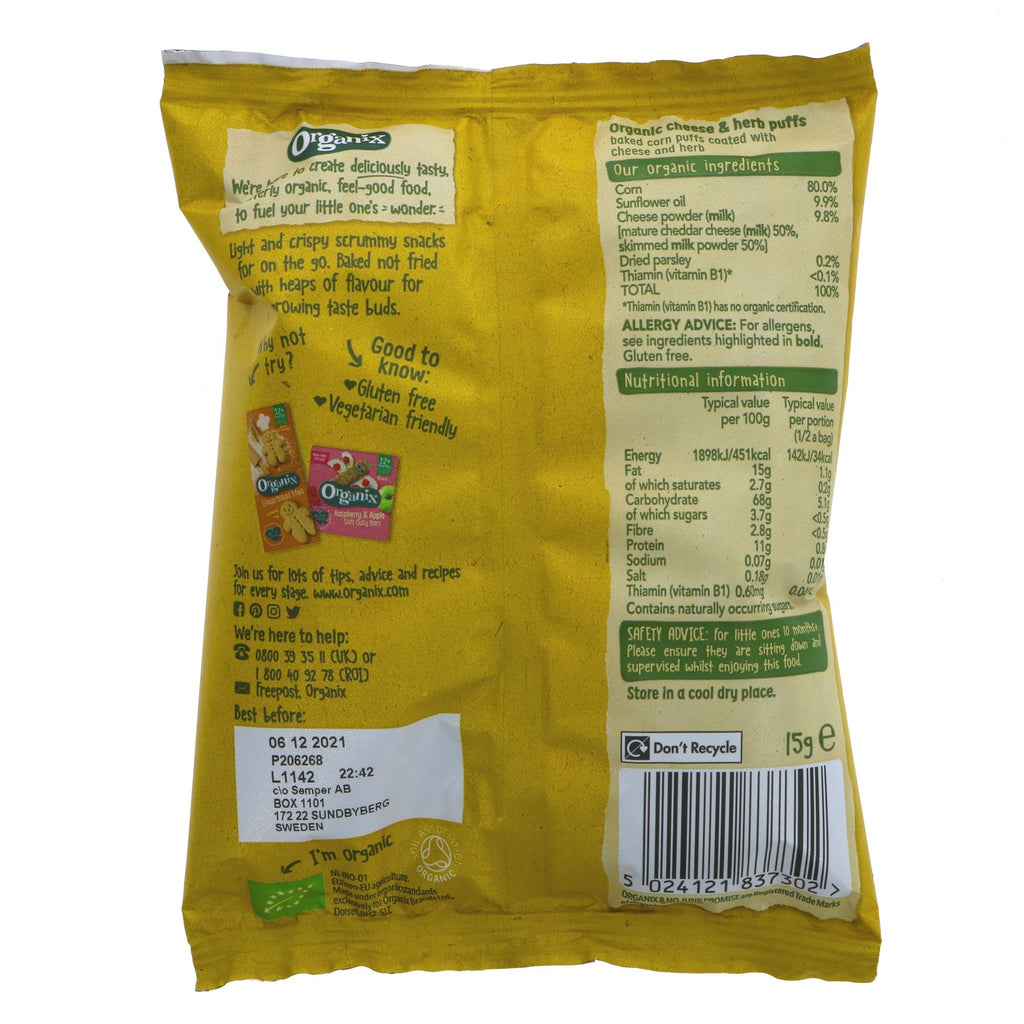 Organix Cheese & Herb Curly Puffs - organic, low salt & fat, perfect for kids 12+ months.