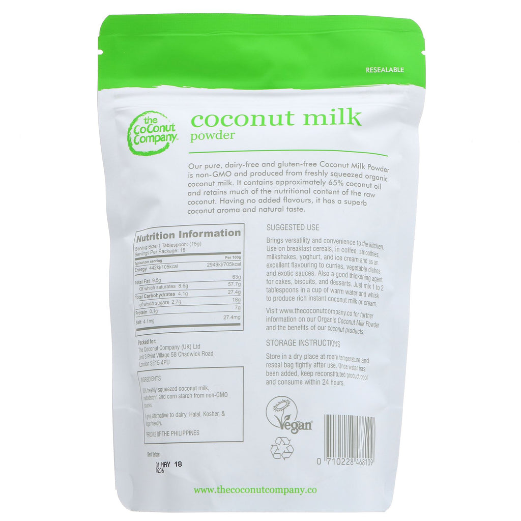Vegan coconut milk powder, made from freshly squeezed coconut milk with no added flavors. Perfect for cooking, baking, or adding to coffee.