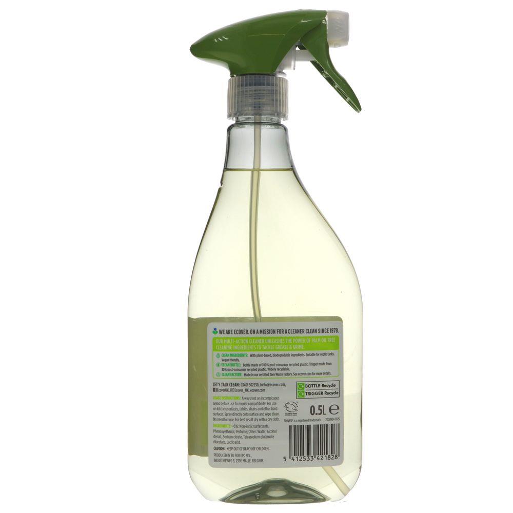 Ecover Multi Surface Cleaner: plant-based, biodegradable, vegan-friendly, septic tank safe, in post-consumer recycled bottle.