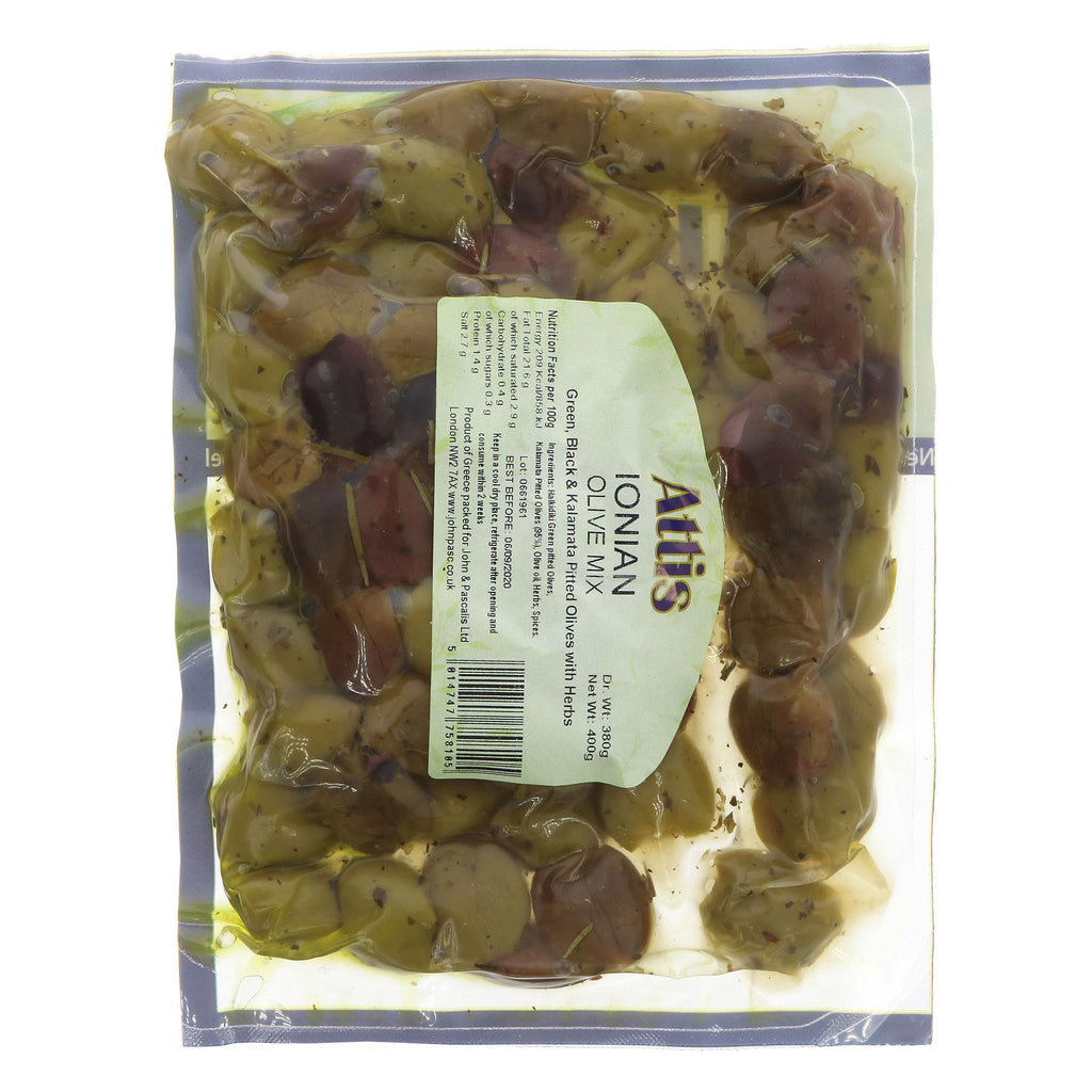 Attis Gourmet's Ionian-pitted Green & Kalamata olives are vegan and perfect for snacking, salads, or Mediterranean dishes.