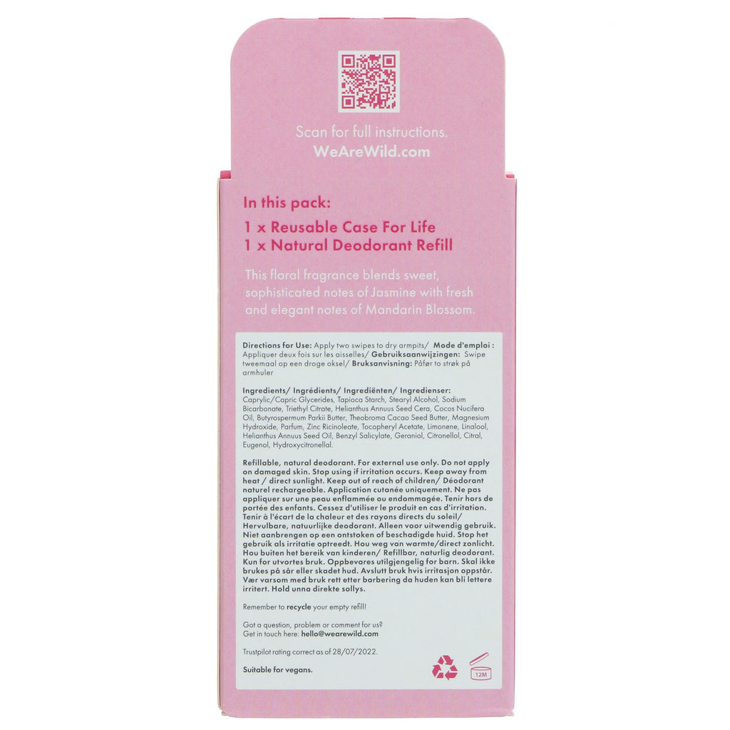 Wild Deodorant Pink Case: Jasmine & Mandarin, 24h protection, vegan & cruelty-free, aluminium-free, paraben-free, refills made from bamboo pulp.