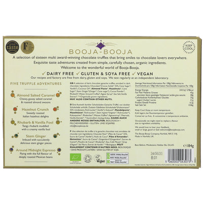 Booja-booja Award-winning Selection: organic, vegan, 16 truffles with no added sugar. Flavors: Almond Salted Caramel, Hazelnut Crunch, Rhubarb and Vanilla Fool.