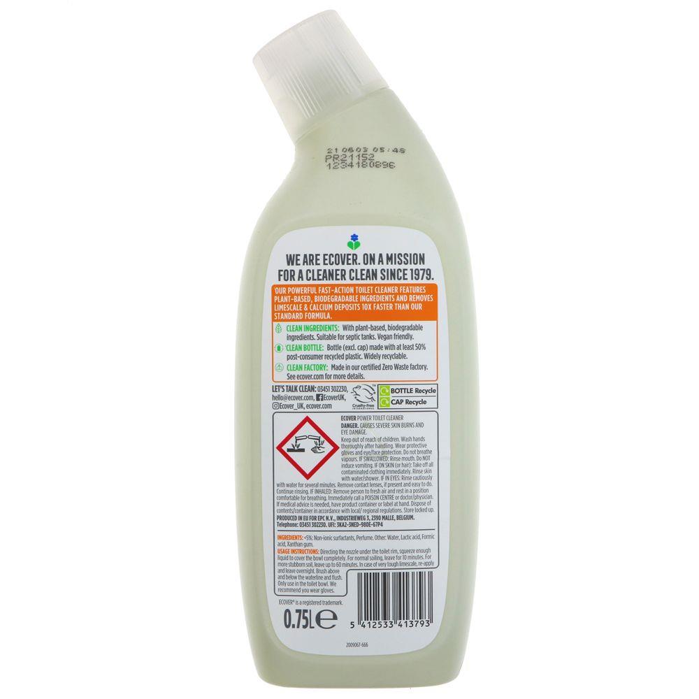 Ecover Toilet Cleaner - Fast Action Lemon & Orange, 750ml. Plant-based, vegan, biodegradable formula removes limescale and calcium deposits.