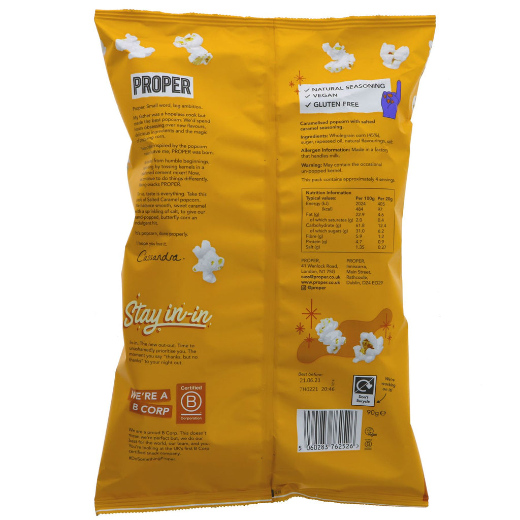 Gluten-free, vegan Salted Caramel popcorn made with hand-popped butterfly corn. Perfect everyday snack. No added sugar.