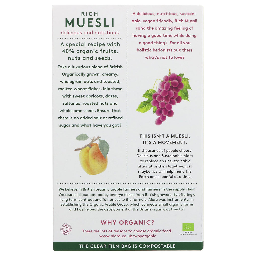 Organic, vegan Rich Muesli with vine fruits & slow-release oats for an energy boost. No VAT charged. By Alara,