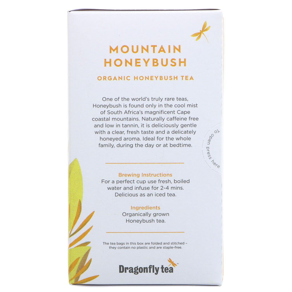 Organic, caffeine-free Mountain Honeybush Tea by Dragonfly Tea - perfect hot or iced, no need for milk or sugar. Vegan-friendly!