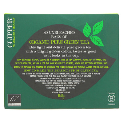 Clipper FT Organic Green Tea: Fairtrade, gluten-free, and vegan. Refreshing taste without harmful additives. 80 bags.