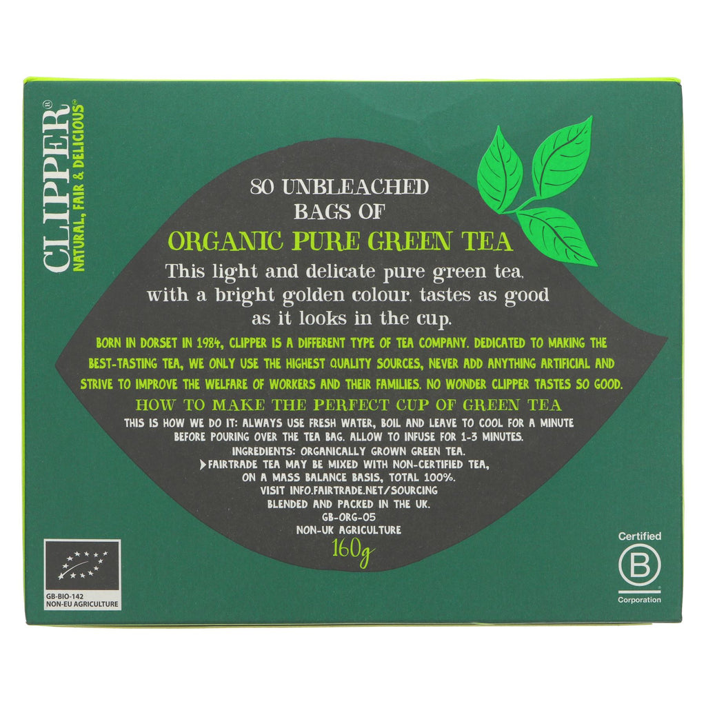 Clipper FT Organic Green Tea: Fairtrade, gluten-free, and vegan. Refreshing taste without harmful additives. 80 bags.