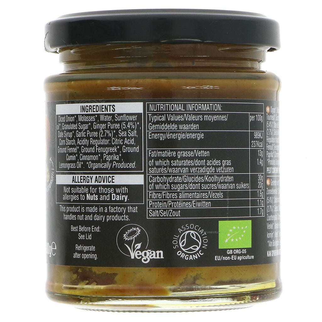 Organic vegan Satay Curry Paste with ginger, garlic, lemongrass. Sweetened with molasses & date syrup. No VAT.