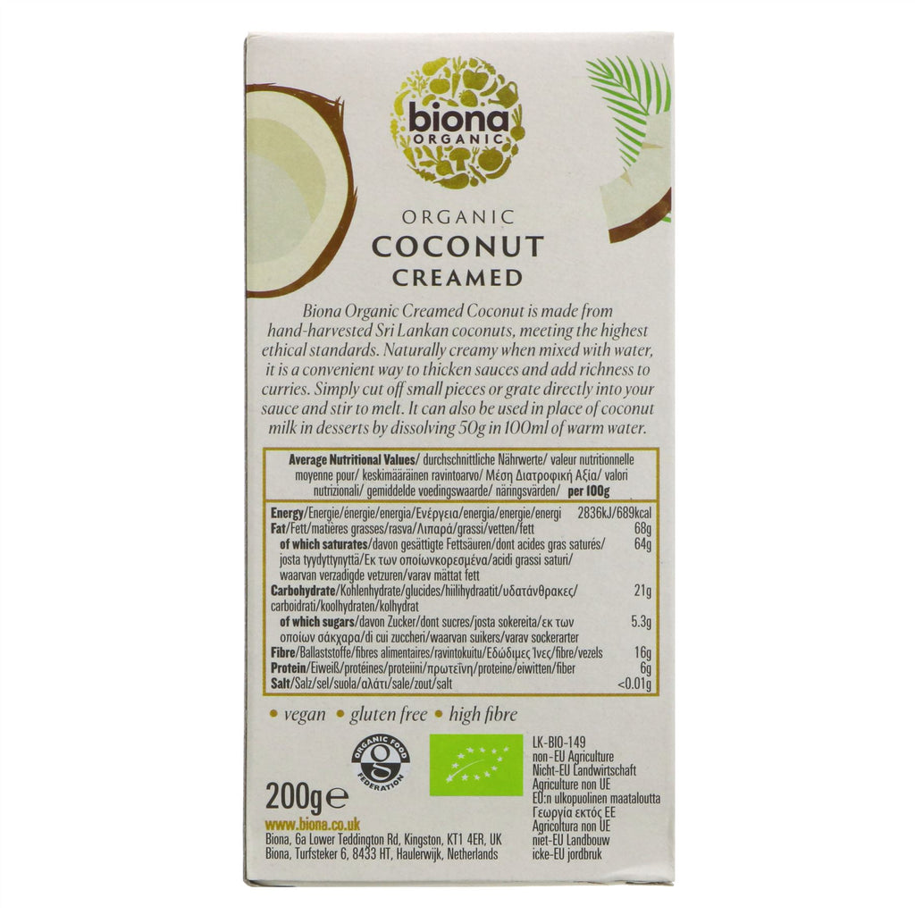 Biona Organic Creamed Coconut - indulgent, creamy, tropical, vegan, guilt-free pantry addition.