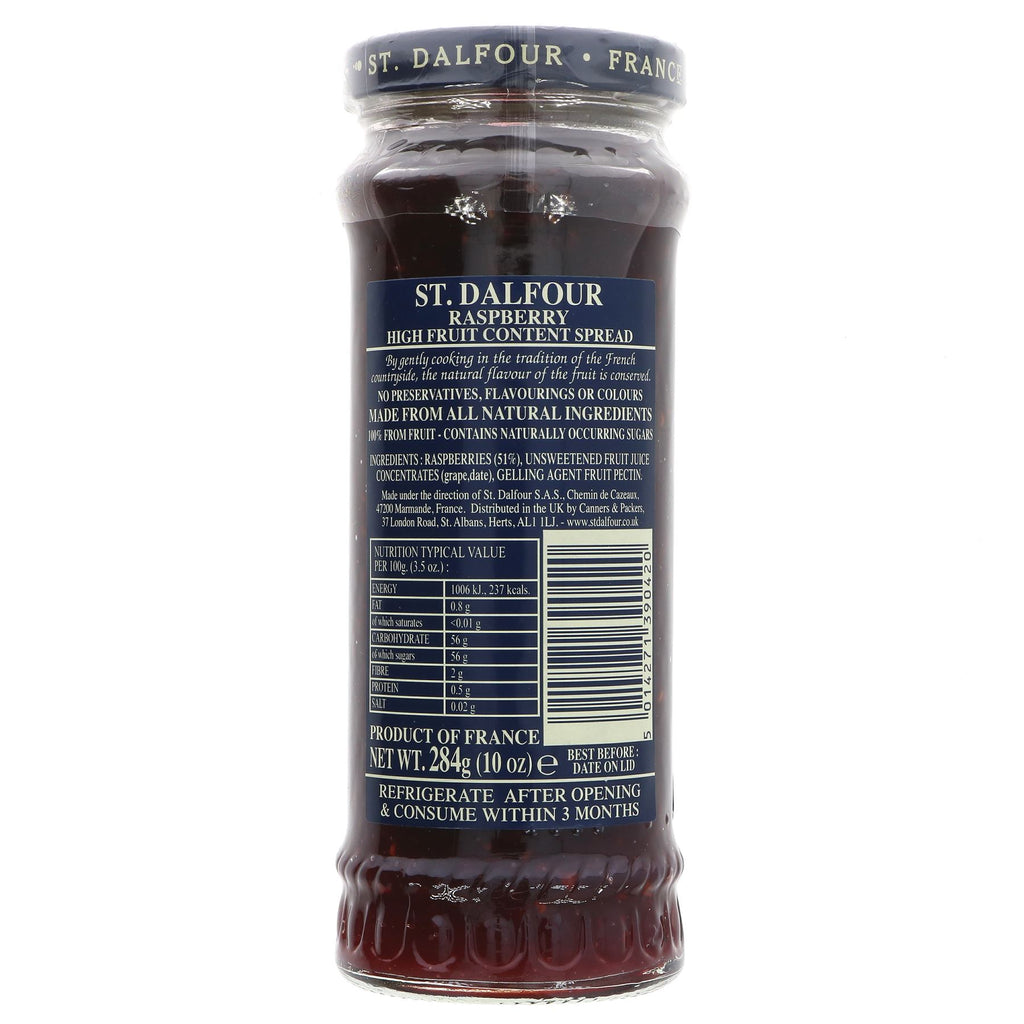St Dalfour Raspberry Spread: gluten-free, vegan, French recipe with fruit juice concentrate. Perfect on toast! No VAT.