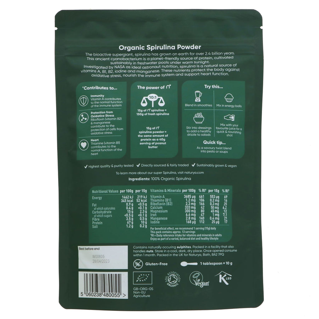 Organic, gluten-free, vegan Spirulina powder for a nutrient boost in your everyday recipes. 200g by Naturya.
