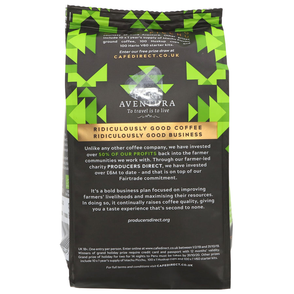 Organic, Vegan Machu Picchu Ground Coffee: Fairtrade, Organic, Vegan, Strength 4, with overtones of dark chocolate. Perfect for mornings or afternoons. 227G.