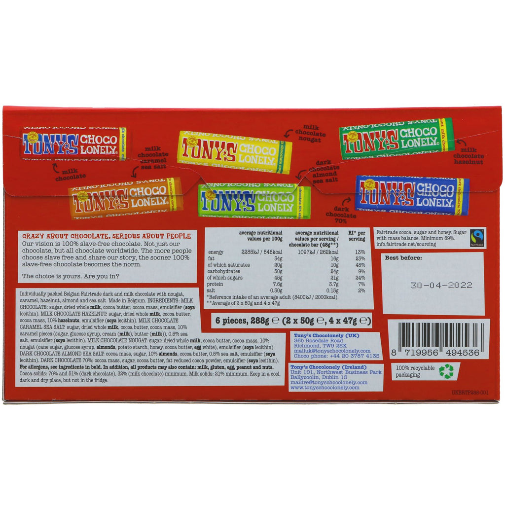 Tony's Chocolonely Small Bar Tasting Pack - Fairtrade, No Added Sugar - 6 delicious flavors - perfect for sharing or savoring solo.