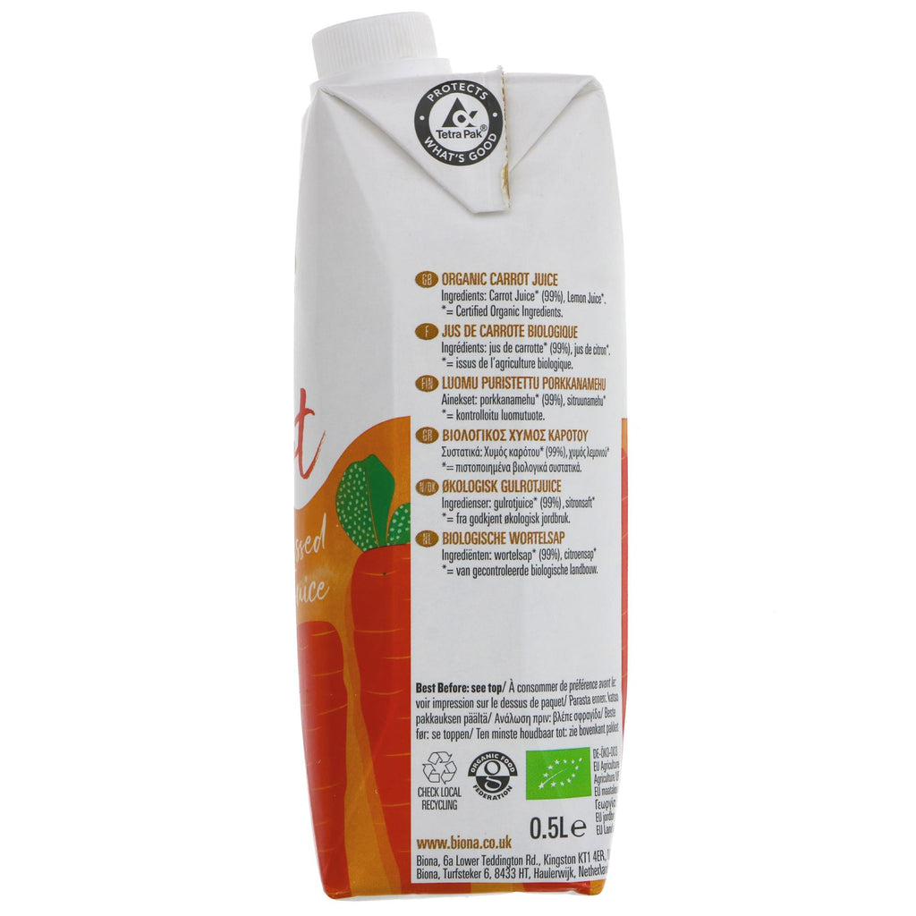 Organic Carrot Juice - Bursting with Nutrients & Flavor, Vegan, 500ml Tetrapack,