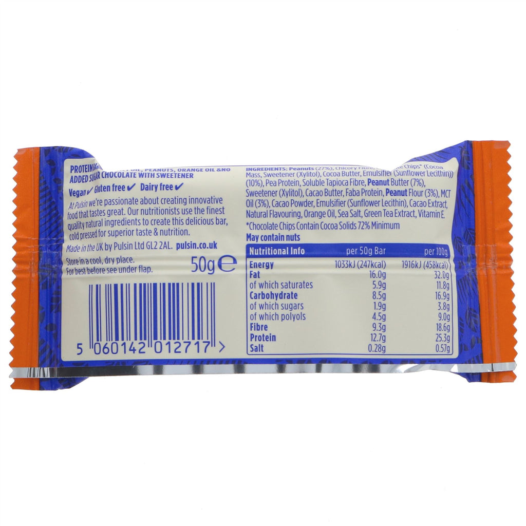 Pulsin Choc Orange Peanut Keto Bar - Gluten-Free Vegan Protein Snack w/ 12.6g Protein & 4g Net Carbs. No VAT. Part of Keto & Gluten-Free Collections.