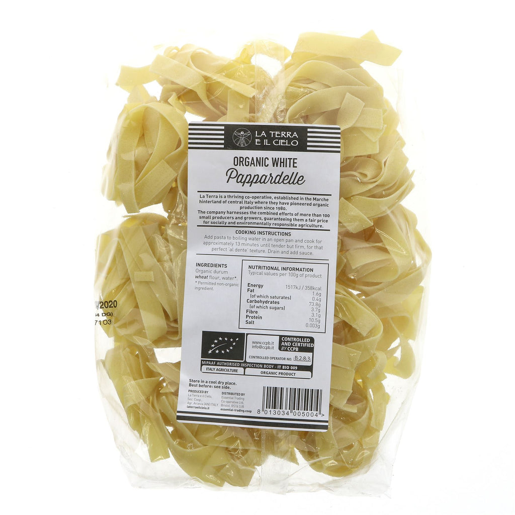 Organic Vegan White Pappardelle Nest by La Terra E Il Cielo - 500G - Long strand pasta perfect for Italian dishes.
