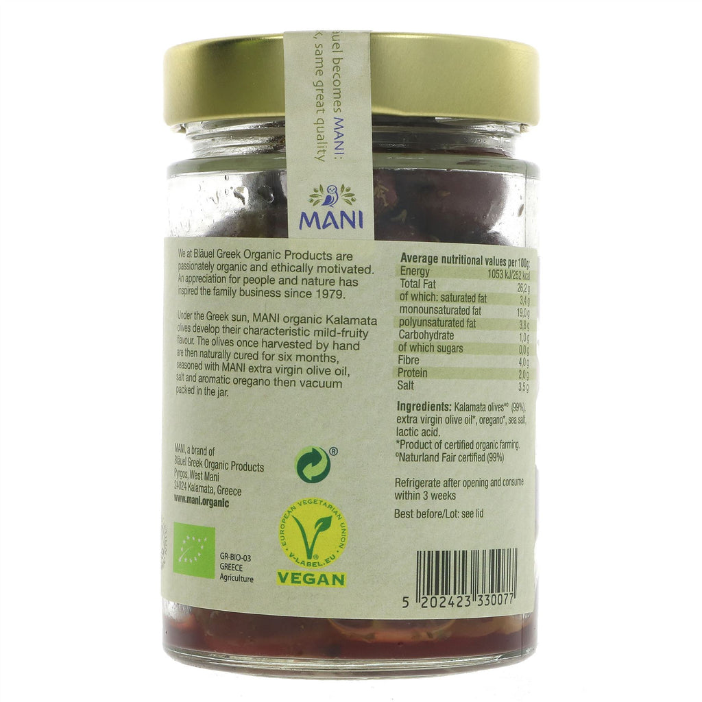 Organic, Vegan Kalamata Olives by Mani - Hand-harvested and naturally cured for 6 months, perfect for snacking or adding to Mediterranean dishes.