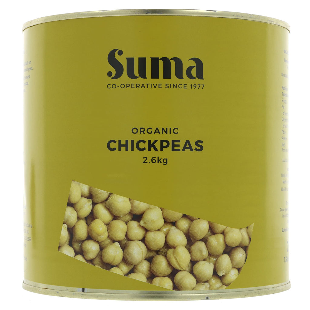 Suma organic chickpeas in catering size - 2.6kg. Perfect for large gatherings or meal prep. Vegan-friendly and versatile.