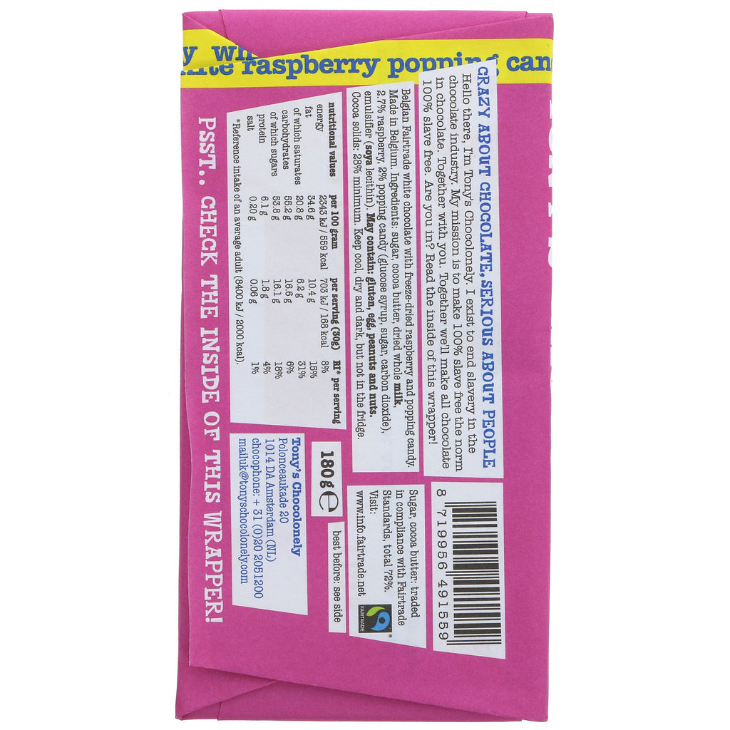 Fairtrade, No sugar added White chocolate Raspberry bar with popping candy. 180g. Perfectly balanced sweetness.