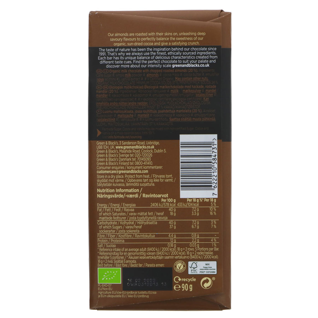 Green & Black's Milk Chocolate & Almonds - Fairtrade, organic, no added sugar, 90g bar. Perfect for snacking or adding to recipes.