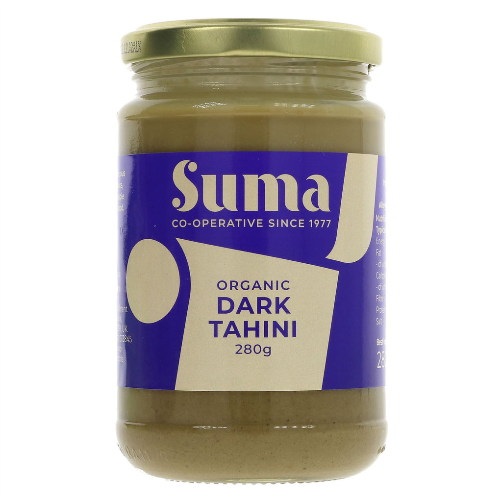 Organic, vegan dark tahini paste made from roasted sesame seeds. Perfect for spreading or cooking. No VAT charged.