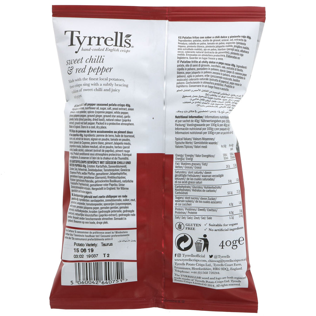 Tyrrells Sweet Chilli & Red Pepper crisps: guilt-free snacking with no added sugar, vegan-friendly.