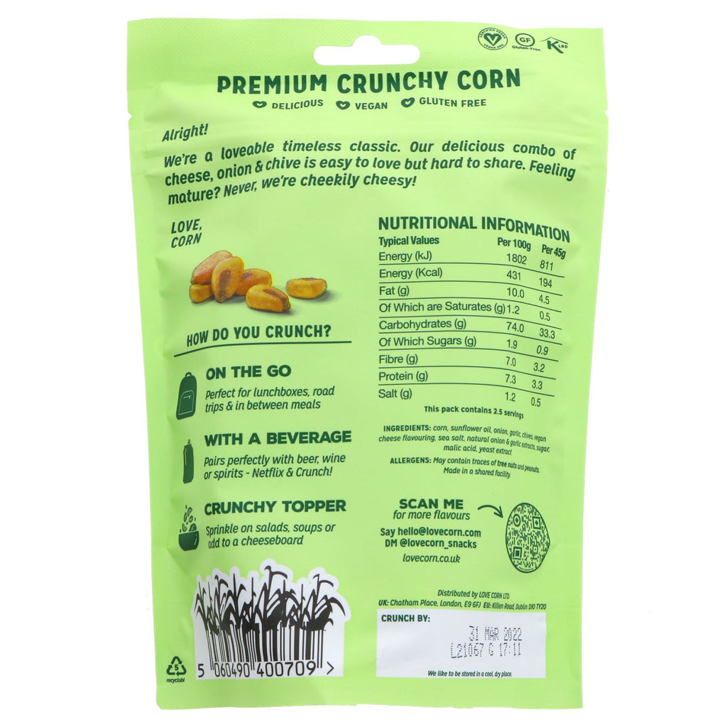 Love Corn - Crunchy Corn Cheese and Onion | Gluten-free, vegan snack with clean and simple ingredients. Perfect anytime snack.
