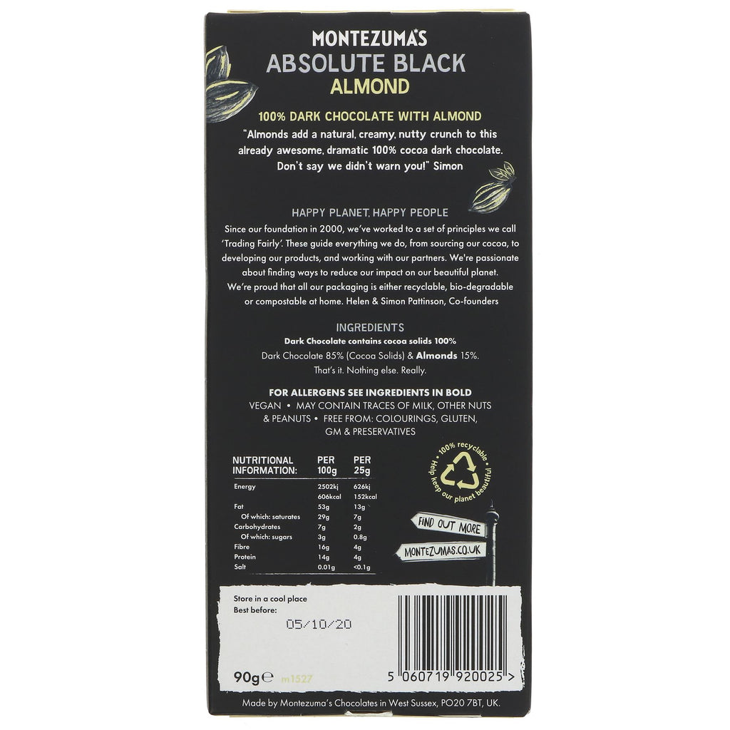 Montezuma's Absolute Black with Almonds & Cacao Nibs 90G - Vegan & Gluten-Free Dark Chocolate Bar.