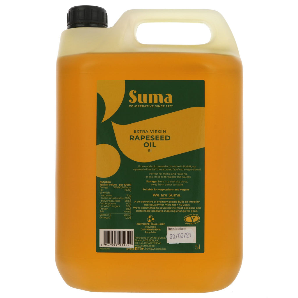 Suma's Extra Virgin Rapeseed Oil - Healthier alternative to olive oil | 50% less saturated fat | Traceable, vegan & perfect for frying.