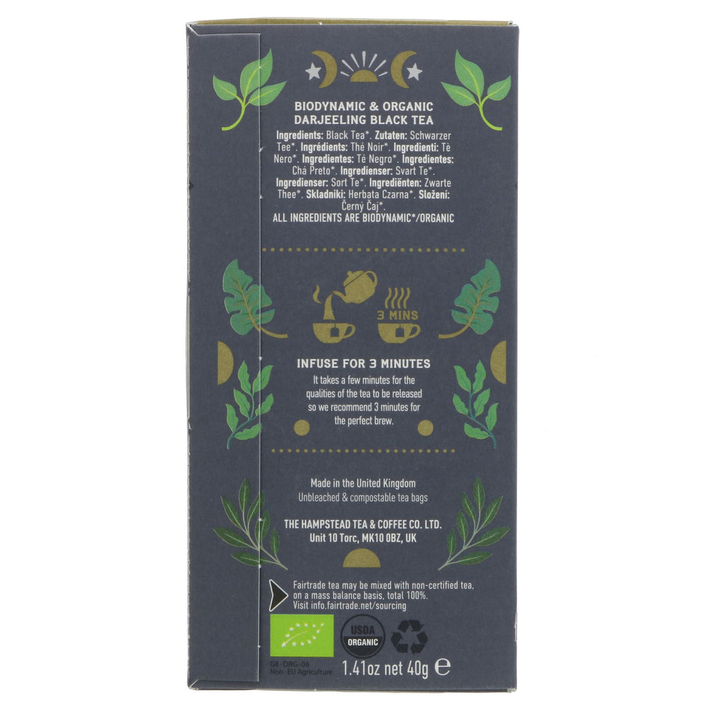 Fairtrade, Organic & Vegan Pure Darjeeling Tea from Hampstead Tea - 20 bags sourced from India's Makaibari Estate. Enjoy anytime, alone or with lemon!