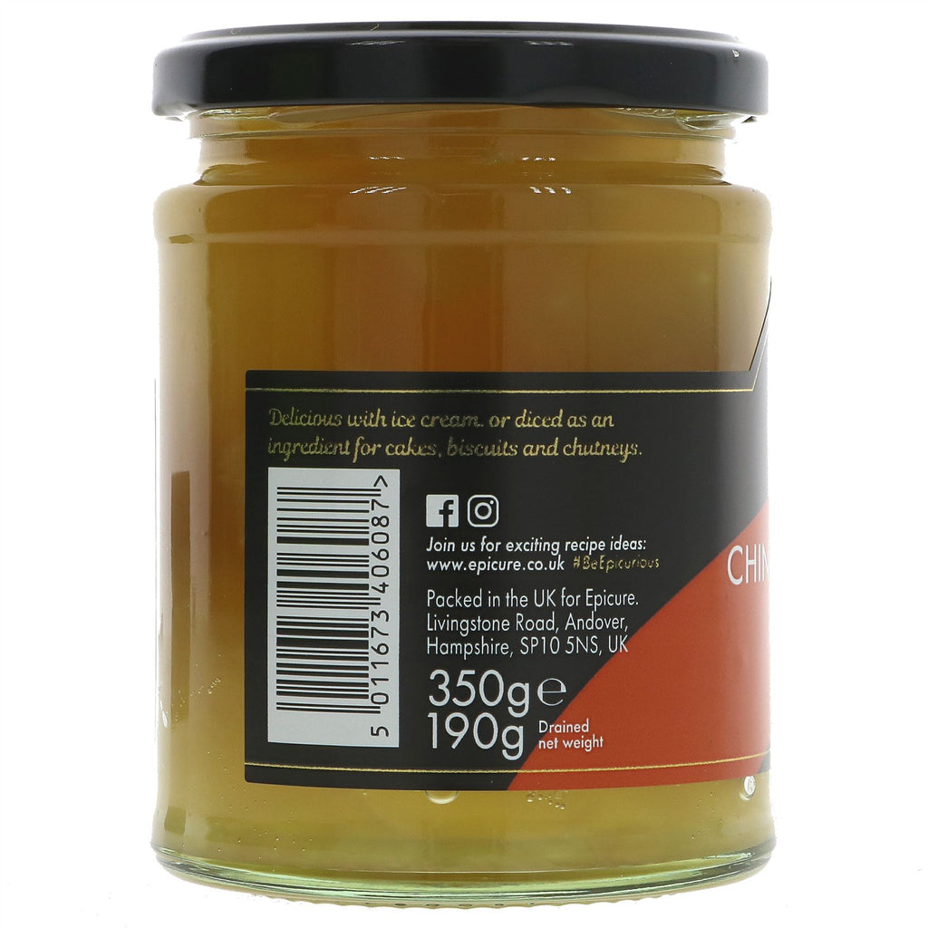 Indulge in Epicure's Chinese Stem Ginger in Syrup. Sweet, spicy, vegan, and guilt-free. Perfect for desserts.