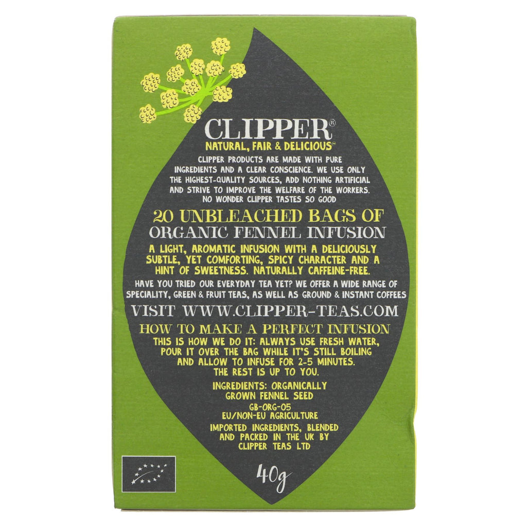 Organic & vegan Clipper Fennel tea: relax with its refreshing taste, subtle sweetness & caffeine-free benefits. 20 bags.