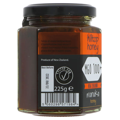 Hilltop Honey Manuka Honey MGO 100+ - Authentic, herbal & anti-bacterial with rich flavor in 225g jar.