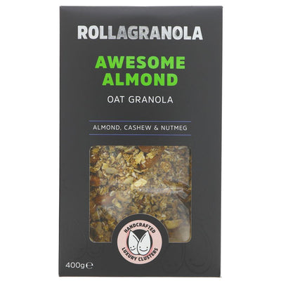 Indulge in the exquisite taste of Rollagranola's Awesome Almond Granola. Handmade with expertise in the UK, this artisan blend of almonds, cashews, and hazelnuts is gluten-free, vegan, and has no added sugar. Sweetened with dates, cranberries, and apple, it's a superbly delicious treat with a hint of cinnamon and nutmeg. Perfect for breakfast or snacking!