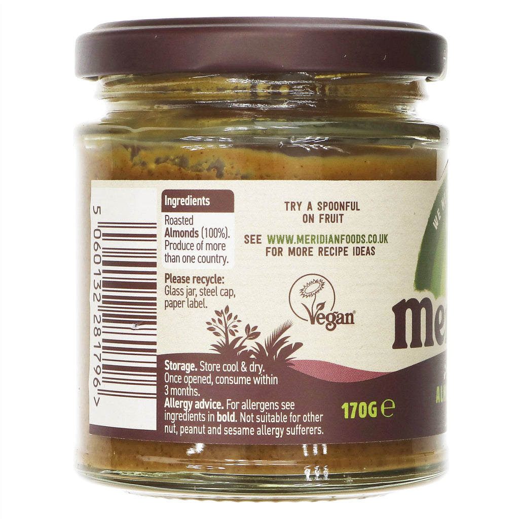 Meridian's Smooth Almond Butter: creamy, high in protein, vegan-friendly. Perfect on toast or in smoothies. No added salt.