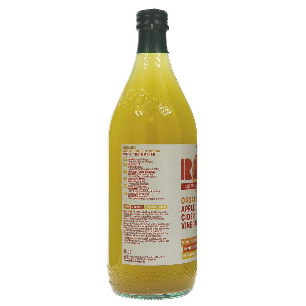 Raw Vibrant Living Organic Apple Cider Vinegar - 1Ltr, vegan & unfiltered, perfect for dressings & tonics.