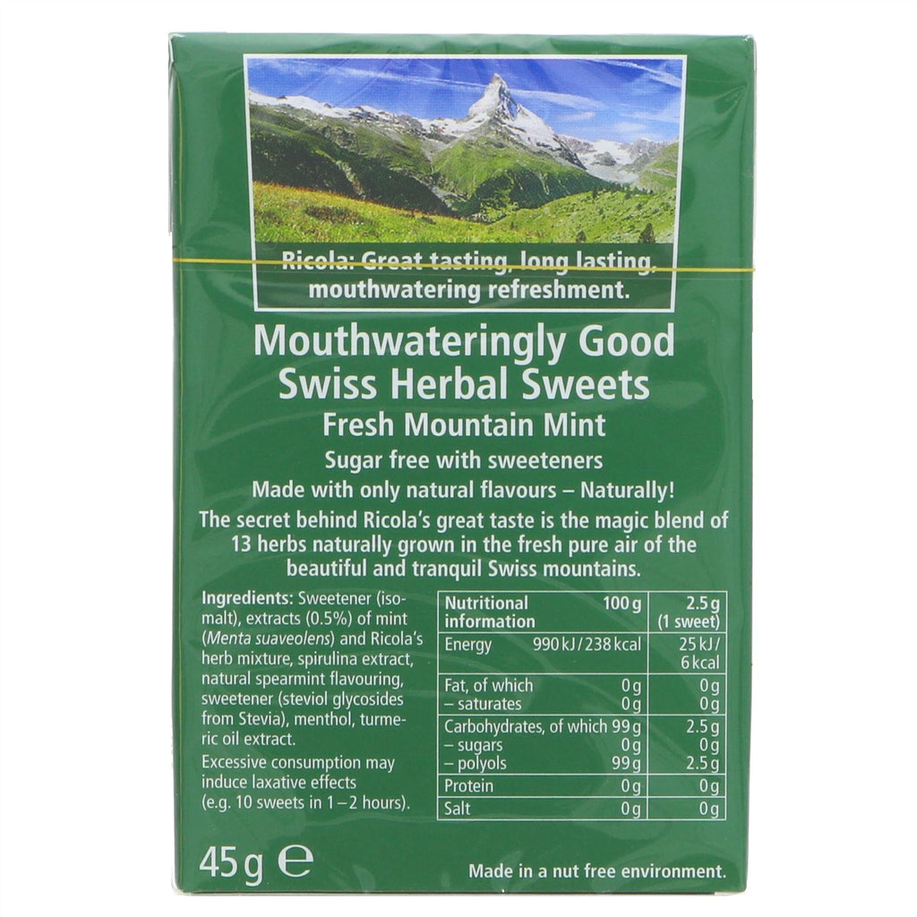 Ricola | Mountain Mint - Sugar Free - stevia sweetened | Gluten-Free & Vegan | 45g