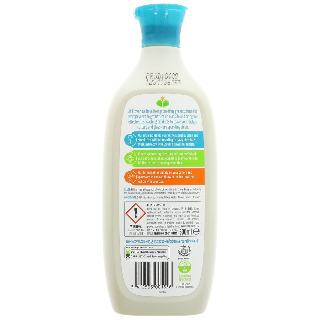 Ecover Vegan Dishwasher Rinse Aid - Streak-free and Chemical-free. Perfect for a full load of dishes.