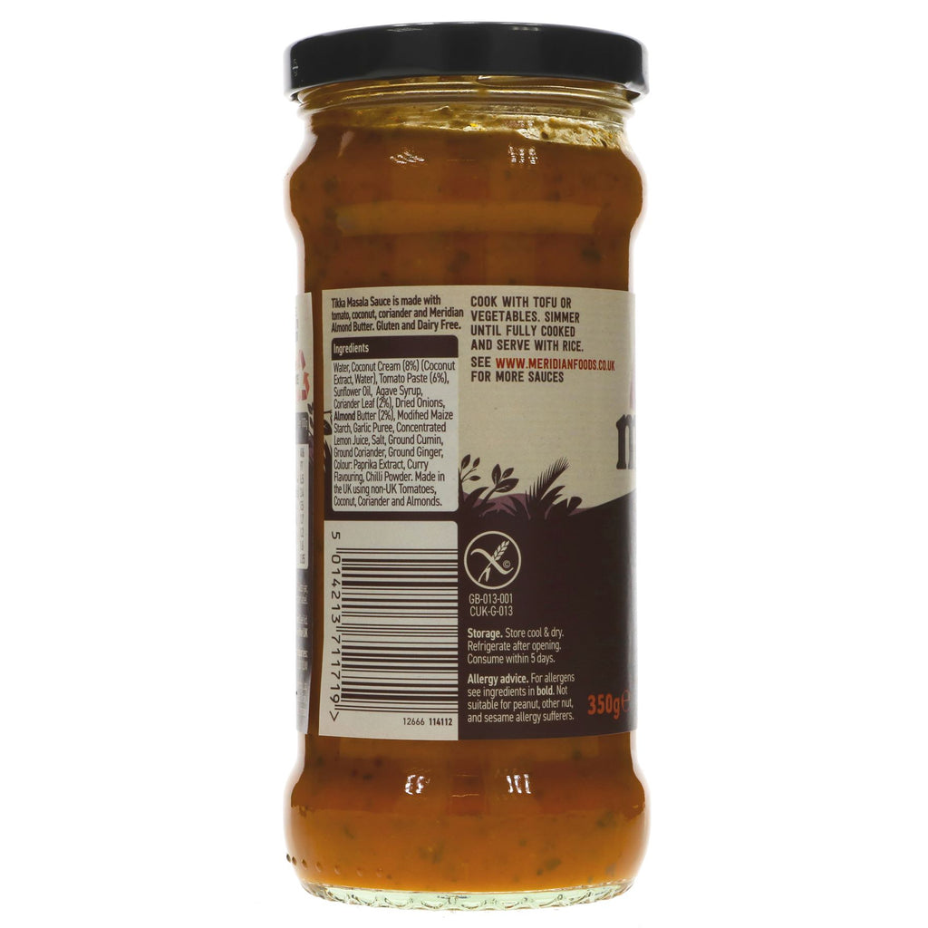 Meridian Tikka Masala Sauce - Gluten-free, no added sugar, vegan tomato and coconut sauce. Perfect for meat, fish, veggies, or quorn.