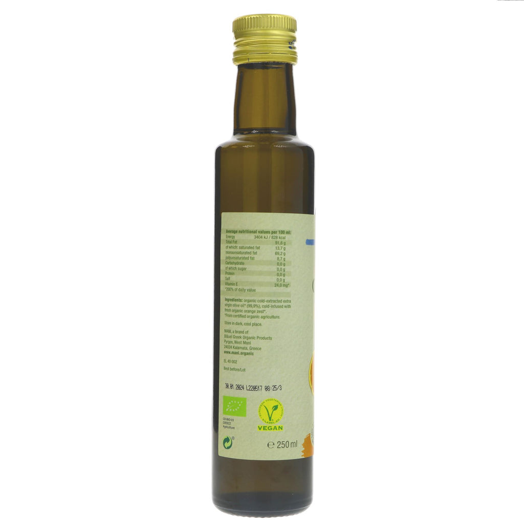 Organic, vegan Greek Olive Oil with Orange. Perfect for salads, marinades, and more. Made with fresh orange zest and Koroneiki olives.